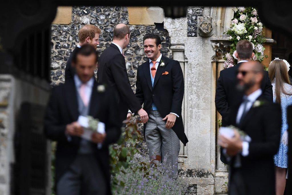 Spencer Matthews (C), brother of the groom, greets Britain's Prince William, Duke of Cambridge, and Britain's Prince Harry (L) as they attend the wedding of Pippa Middleton and James Matthews at St Mark's Church on May 20, 2017 in Englefield Green, England.  (Photo by Justin Tallis - WPA Pool/Getty Images)