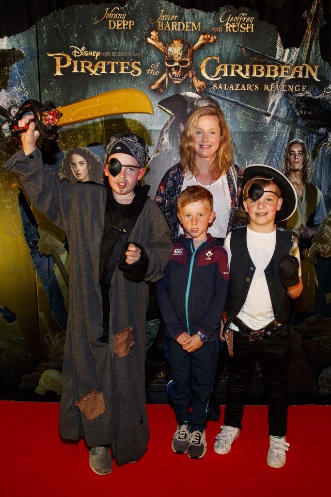 Max Hampson (9), Luke Barry (8), Diarmuid Cudden (8) and Elaine Cudden pictured at a special preview screening of Disney's all new Pirates of the Caribbean: Salazar's Revenge at the Savoy Cinema, Dublin (20th May 2017). Picture Andres Poveda