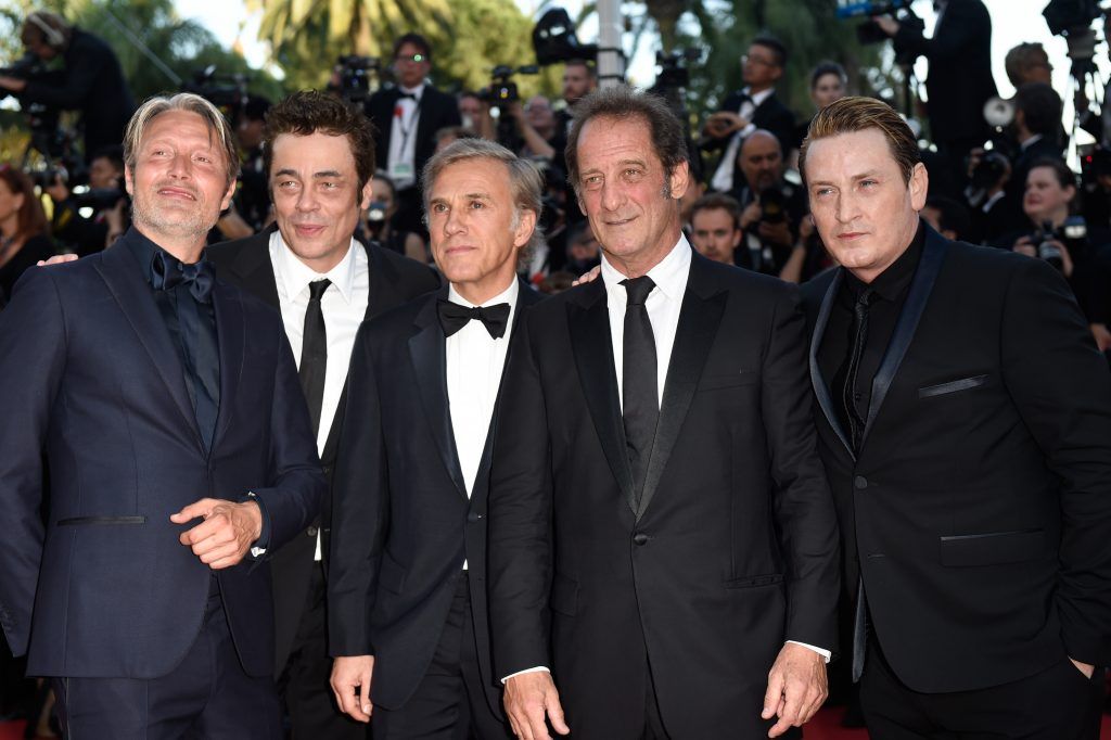 Mads Mikkelsen, Benicio del Toro, Christoph Waltz, Vincent Lindon and Benoit Magimel attend the 70th Anniversary screening during the 70th annual Cannes Film Festival at Palais des Festivals on May 23, 2017 in Cannes, France.  (Photo by Antony Jones/Getty Images)