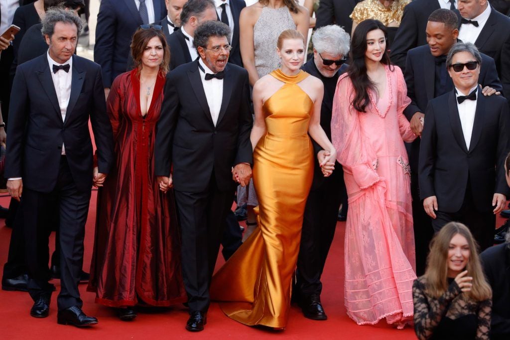 Pedro Almodovar, Agnes Jaoui, Gabriel Yared, Jessica Chastain, Pedro Almodovar,  Fan Bingbing, Will Smith Park Chan-wook attend the 70th Anniversary of the 70th annual Cannes Film Festival at Palais des Festivals on May 23, 2017 in Cannes, France.  (Photo by Andreas Rentz/Getty Images)