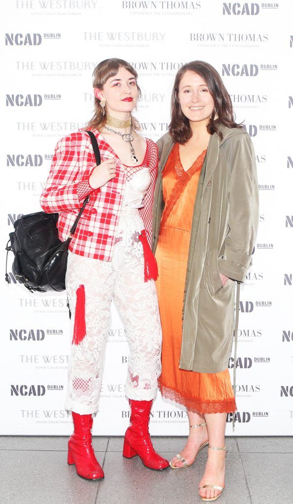 Caoimhe Hill and Angela Maye pictured at the National College of Arts and Design (NCAD)’s annual fashion show. Photo: Leon Farrell/Photocall Ireland