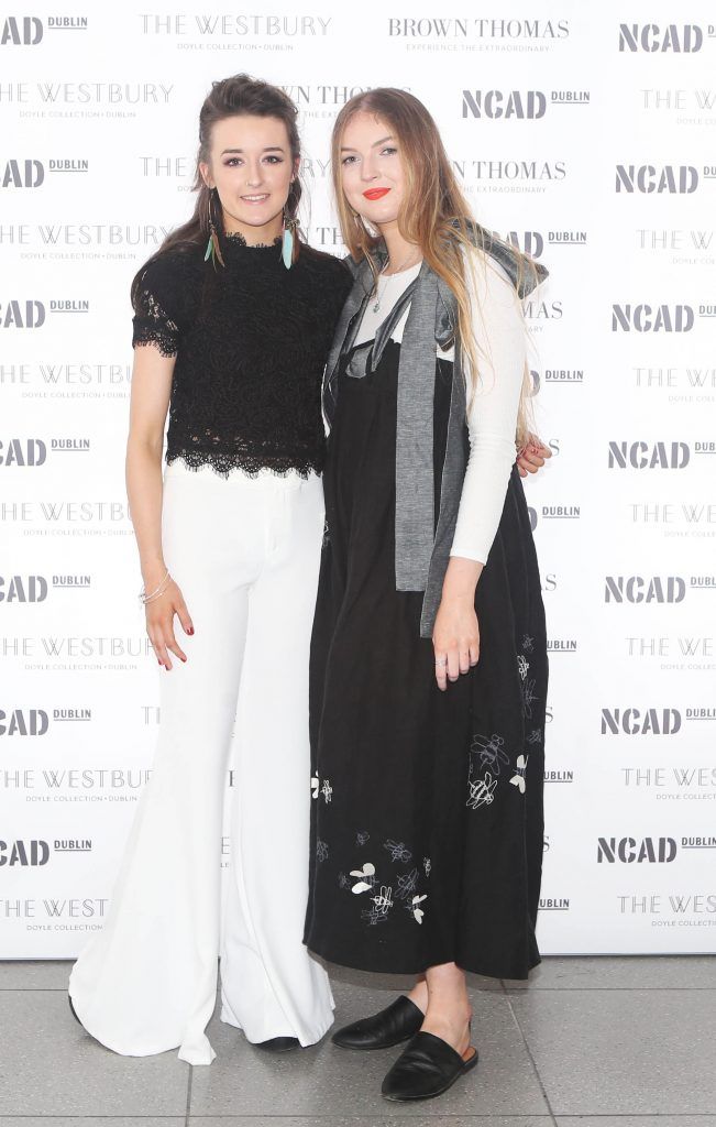 Sive Mishka Rooney and Sorcha Rigney  pictured at the National College of Arts and Design (NCAD)’s annual fashion show. Photo: Leon Farrell/Photocall Ireland