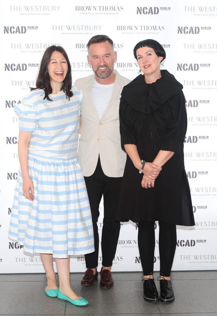 Natalie B Coleman, Brendan Courtney and Angela O Kelly   pictured at the National College of Arts and Design (NCAD)’s annual fashion show. Photo: Leon Farrell/Photocall Ireland