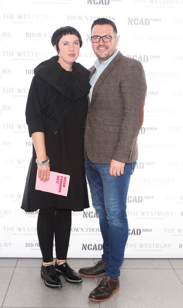 Angela O Kelly  and Clyde Kelly pictured at the National College of Arts and Design (NCAD)’s annual fashion show. Photo: Leon Farrell/Photocall Ireland