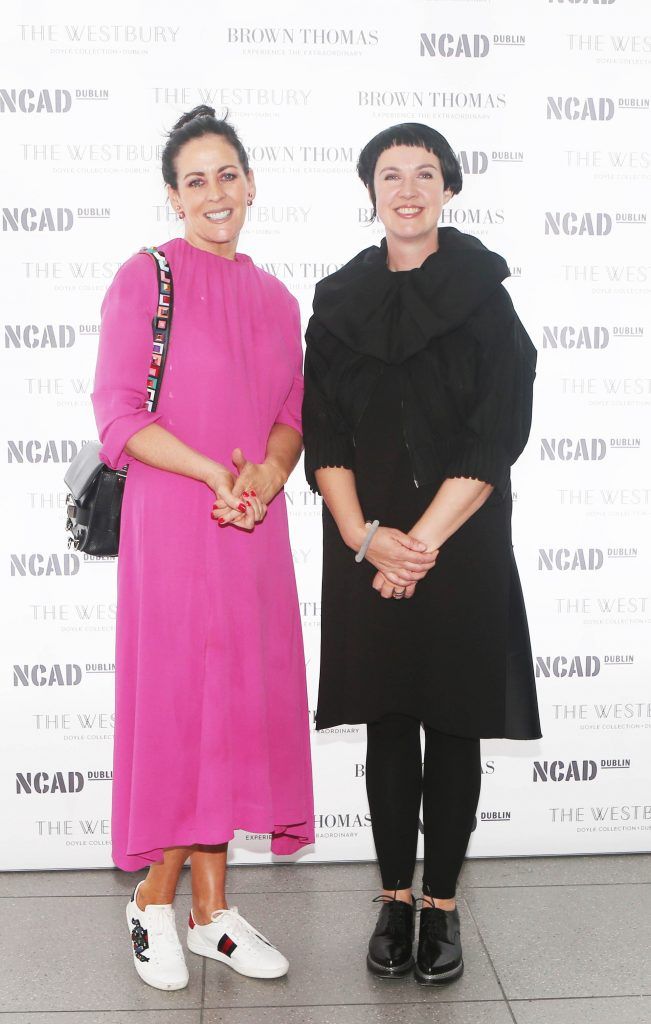 Shelly Corkery and Angela O Kelly pictured at the National College of Arts and Design (NCAD)’s annual fashion show. Photo: Leon Farrell/Photocall Ireland