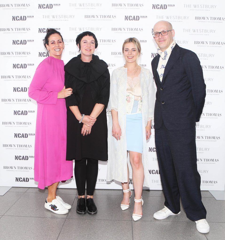 Shelly Corkery, Angela O Kelly, Alex Milton  with student winner Laoise Carey of Brown Thomas bursary award. They are pictured after the National College of Arts and Design (NCAD)’s annual fashion show. Photo: Leon Farrell/Photocall Ireland