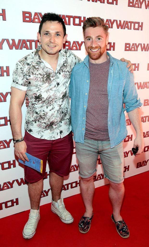 Fair City actors Johnny Ward and Daithí Mac Suibhne at the Irish premiere screening of Baywatch at the Savoy Cinema on O'Connell Street, Dublin. Photo by Brian McEvoy