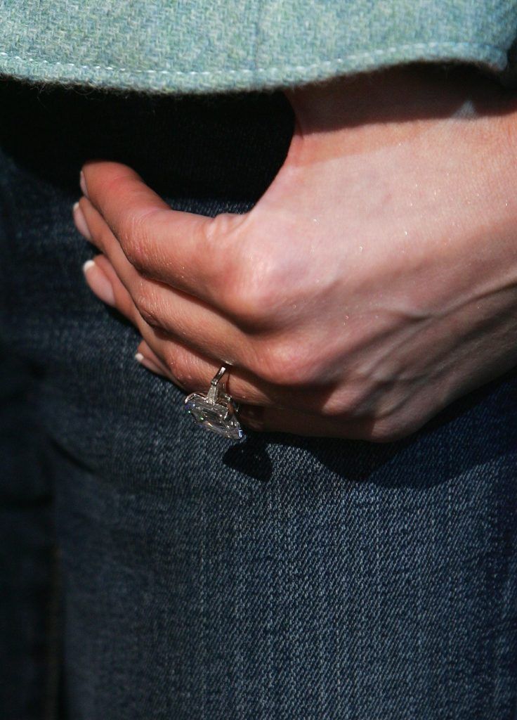 A close-up view is shown of Melania Trump's ring at the annual presentation of the Mac Award to Melania Trump during Olympus Fashion Week at Bryant Park February 9, 2005 in New York City.  (Photo by Frazer Harrison/Getty Images)