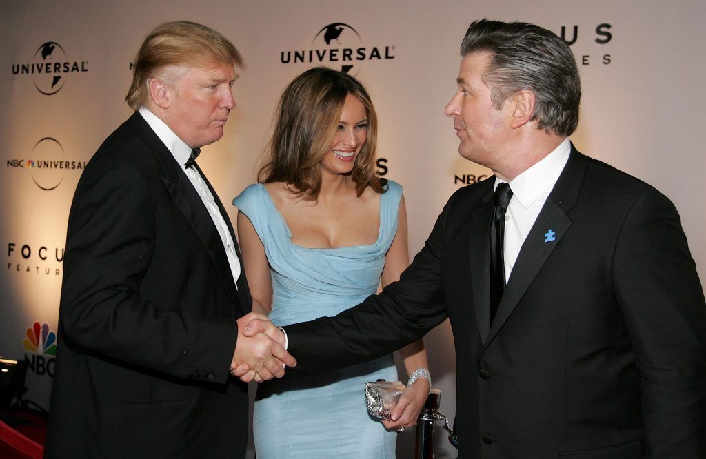 Real Estate tycoon Donald Trump, wife Melania Trump, and Actor Alec Baldwin (R) arrive at the NBC/Universal Golden Globe After Party held at the Beverly Hilton on January 15, 2007 in Beverly Hills, California.  (Photo by Frazer Harrison/Getty Images)