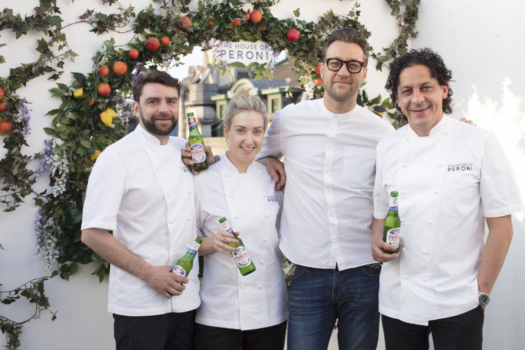 Michael Ryan, Aoife Noonan Federico Riezzo & Francesco Mazzei pictured at the launch of The House of Peroni in Dublin. It is open to the public from 25th of May to 4th of June 2017 at 1 Dame Lane, showcasing the best of contemporary Italian food and drink. Photo: Anthony Woods
