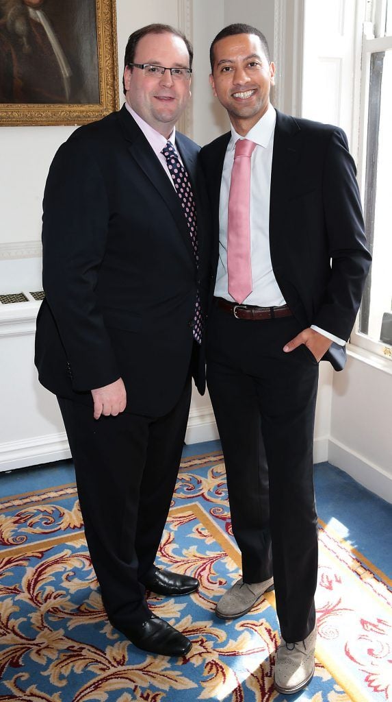 Chris Doyle and Sean Munsanje at the annual Cari Charity lunch hosted by Miriam Ahern at the Shelbourne Hotel, Dublin. Picture by Brian McEvoy.