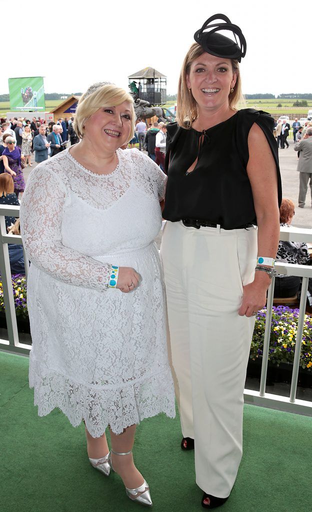 Carmel Breheney and Emma Coppolla pictured at the Killashee Irish Tatler Style Icon competition at the Tattersalls Irish Guineas Festival in Curragh Racecourse, Kildare. Picture by Brian McEvoy