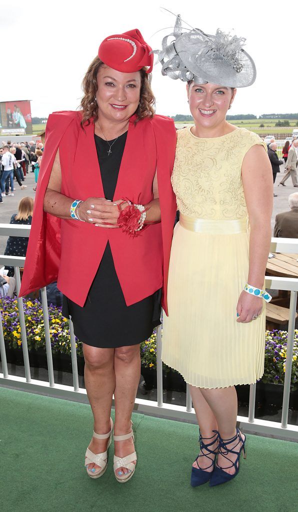 Norah Casey and Shauna O Halloran pictured at the Killashee Irish Tatler Style Icon competition at the Tattersalls Irish Guineas Festival in Curragh Racecourse, Kildare. Picture by Brian McEvoy