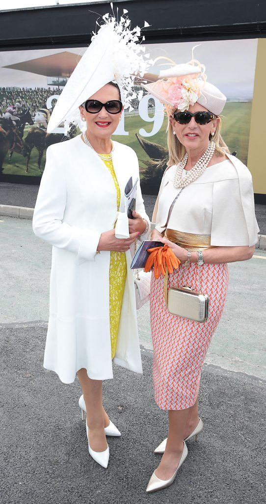 Faith Almond and Liz Maher pictured at the Killashee Irish Tatler Style Icon competition at the Tattersalls Irish Guineas Festival in Curragh Racecourse, Kildare. Picture by Brian McEvoy