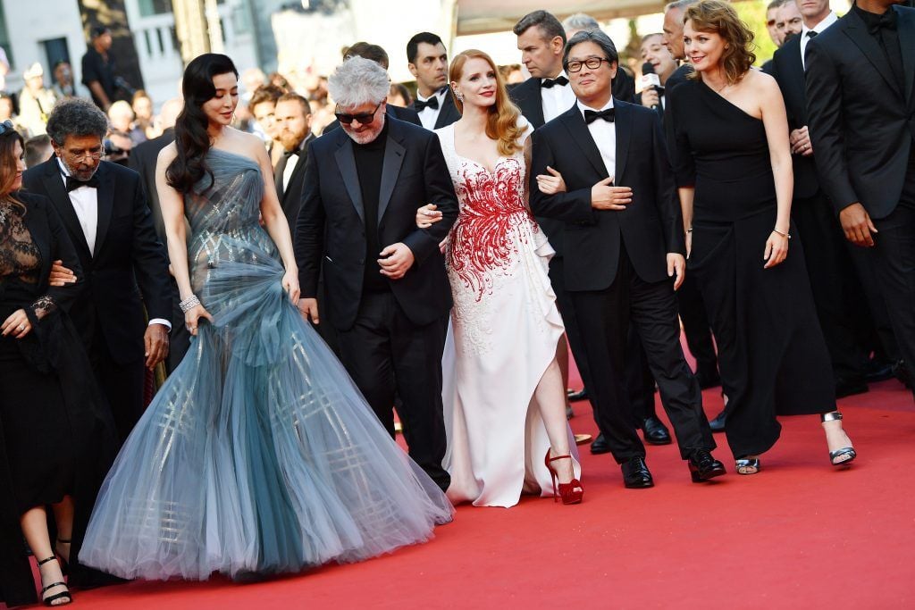 Gabriel Yared, Fan Bingbing, Pedro Almodovar, Jessica Chastain, Park Chan-wook and Maren Ade attend the Closing Ceremony of the 70th annual Cannes Film Festival at Palais des Festivals on May 28, 2017 in Cannes, France. (Photo by Pascal Le Segretain/Getty Images)