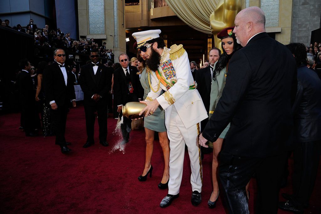 'General Aladeen' AKA Sacha Baron Cohen, arrived at the Oscars with the 'ashes of Kim Jong II' the late North Korean dictator. He proceeded to spill them all over the red carpet and Ryan Seacrest's suit. (Photo by Kevork Djansezian/Getty Images)