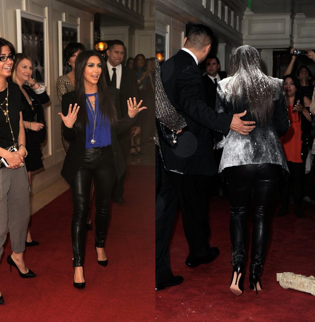 Kim Kardashian was launching her new fragrance True Reflection when a woman from the crowd threw a flour bomb at her, shouting 'fur hag'. The woman was later arrested and Kim carried on being Kim. (Photos by by Frazer Harrison/Getty Images)