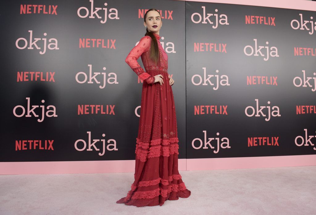 Actress Lily Collins attends "Okja" New York Premiere at AMC Loews Lincoln Square 13 on June 8, 2017 in New York City.  (Photo by Jason Kempin/Getty Images for Netflix)