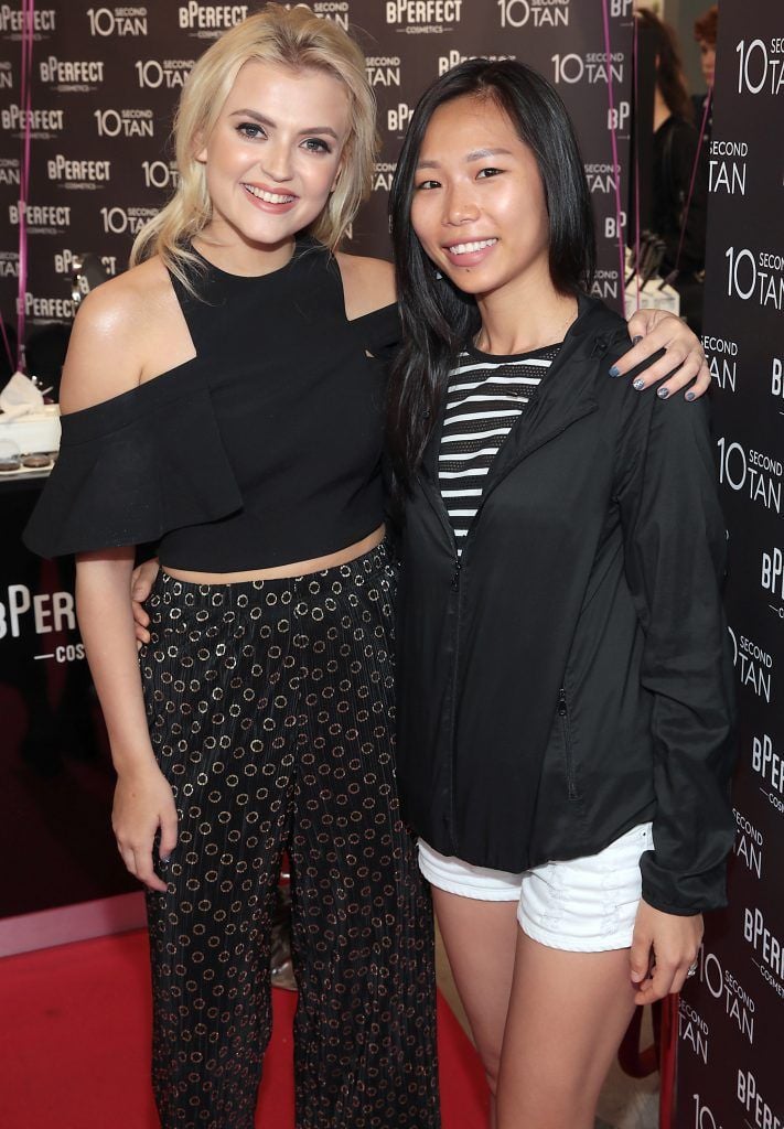 Nessie Phung Lee with Lucy Fallon aka Bethany Platt in Coronation Street as she launched BPerfect Cosmetics Semi Permanent Brows and 10 Second Tan at McCabes Pharmacy in Dundrum Town Centre, Dublin. Picture by Brian McEvoy