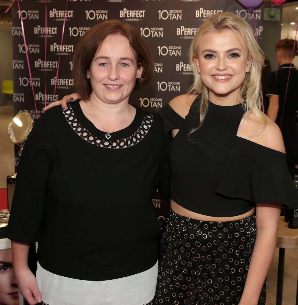 Jackie Murray with Lucy Fallon aka Bethany Platt in Coronation Street as she launched BPerfect Cosmetics Semi Permanent Brows and 10 Second Tan at McCabes Pharmacy in Dundrum Town Centre, Dublin. Picture by Brian McEvoy