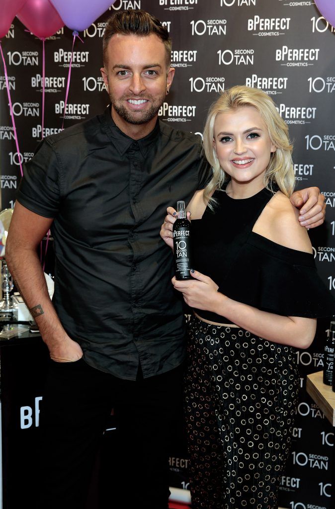 BPerfect Founder Brendan McDowell with Lucy Fallon aka Bethany Platt in Coronation Street as she launched BPerfect Cosmetics Semi Permanent Brows and 10 Second Tan at McCabes Pharmacy in Dundrum Town Centre, Dublin. Picture by Brian McEvoy