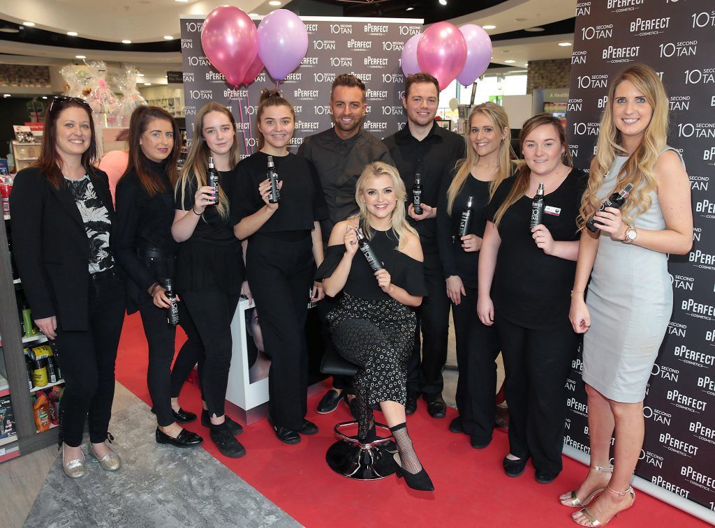 McCabes Pharmacy Staff with BPerfect Founder Brendan McDowell with Lucy Fallon aka Bethany Platt in Coronation Street as she launched BPerfect Cosmetics Semi Permanent Brows and 10 Second Tan at McCabes Pharmacy in Dundrum Town Centre, Dublin. Picture by Brian McEvoy