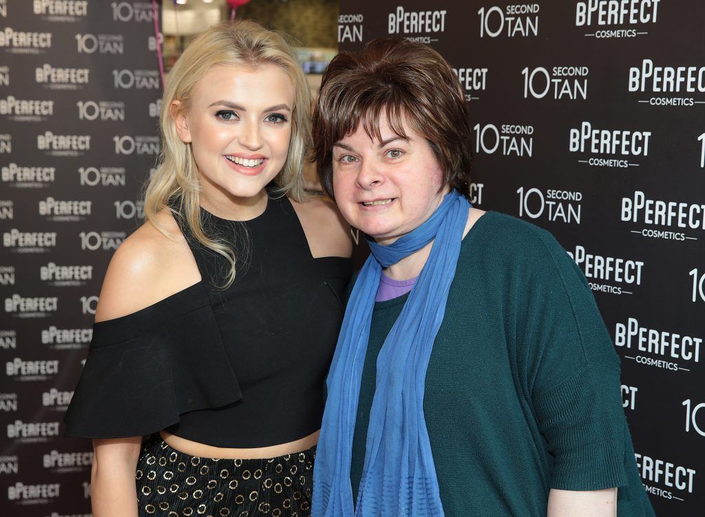 Corrie Fan Angela Fahey with Lucy Fallon aka Bethany Platt in Coronation Street as she launched BPerfect Cosmetics Semi Permanent Brows and 10 Second Tan at McCabes Pharmacy in Dundrum Town Centre, Dublin. Picture by Brian McEvoy