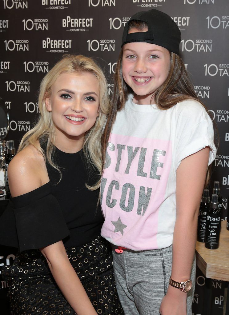 Fan Lexie Mooney meets with Lucy Fallon aka Bethany Platt in Coronation Street as she launched BPerfect Cosmetics Semi Permanent Brows and 10 Second Tan at McCabes Pharmacy in Dundrum Town Centre, Dublin. Picture by Brian McEvoy