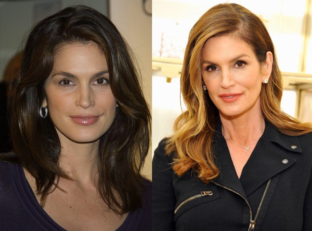 Cindy Crawford in 2001, aged 35, and 2016, aged 50. (Photos by George De Sota/Getty Images & John Sciulli/Getty Images for Jimmy Choo)