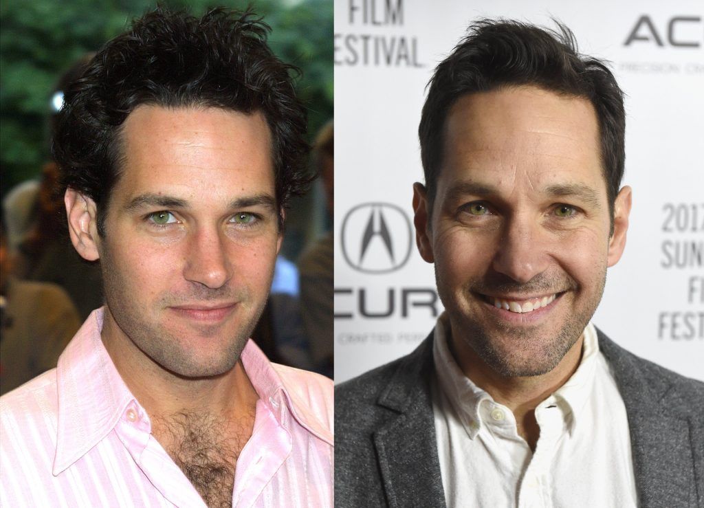 Paul Rudd in 2001, aged 32, and 2017, aged 48. (Photos by George De Sota/Getty Images & Fred Hayes/Getty Images for Acura)