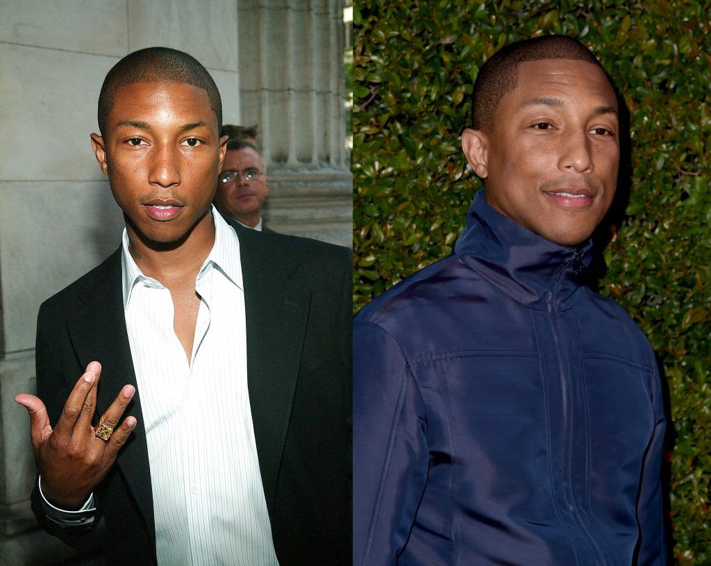 Pharrell Williams in 2003, aged 30, and 2017, aged 44. (Photos by Evan Agostini/Getty Images & Frazer Harrison/Getty Images)