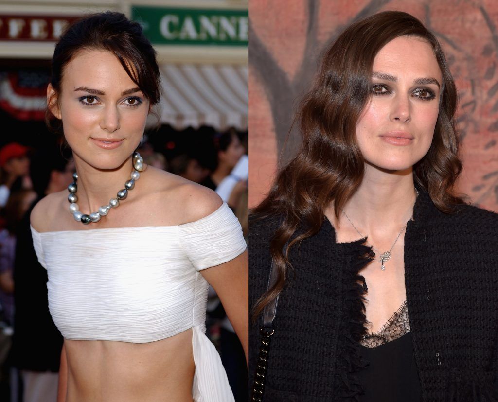 Keira Knightley in 2003, aged 18, and 2017, aged 32. (Photos by Amanda Edwards/Getty Images & Pascal Le Segretain/Getty Images)