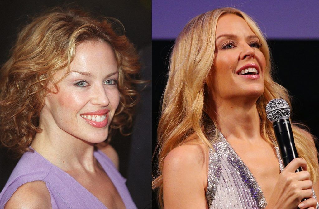 Kylie Minogue in 2000, aged 32, and 2016, aged 48. (Photos by Hugo Philpott/AFP/Getty Images & Michael Dodge/Getty Images)
