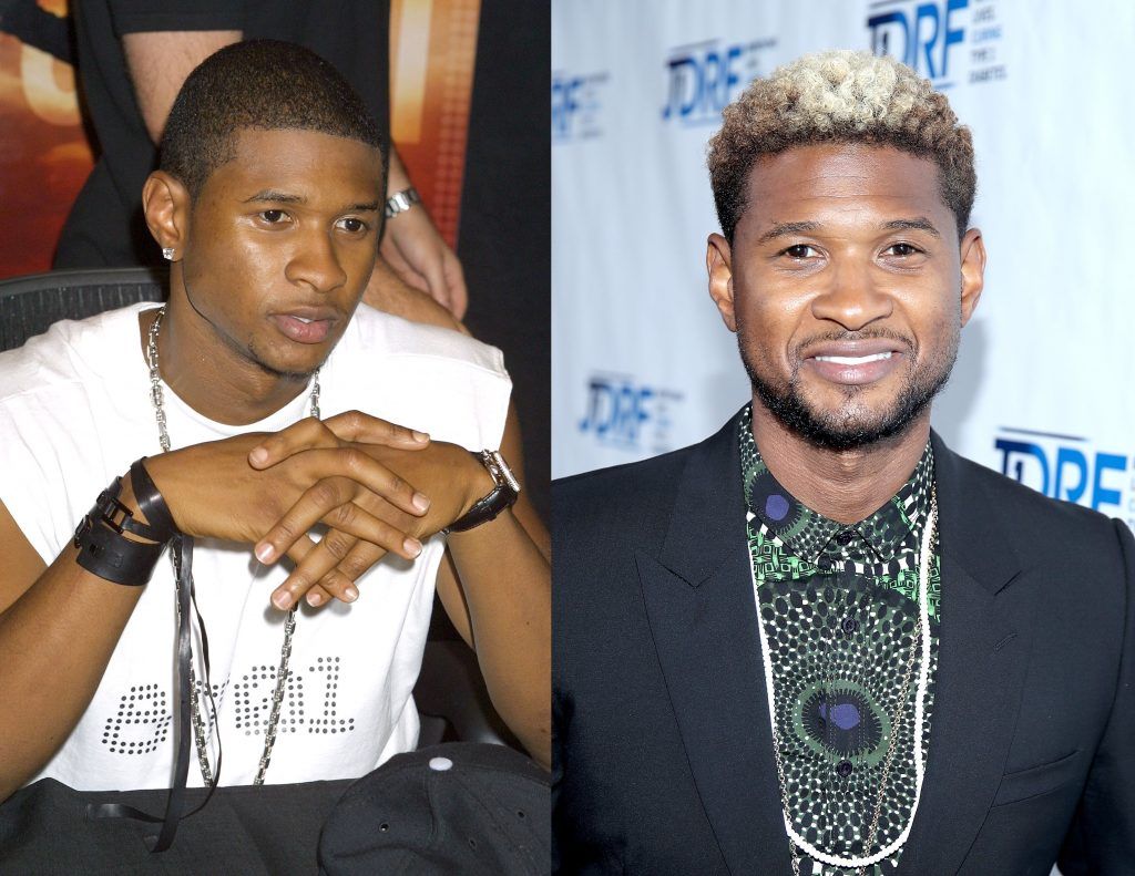 Usher in 2001, aged 23, and 2017, aged 38. (Photos by George De Sota/Getty Images & Randy Shropshire/Getty Images for JDRF)