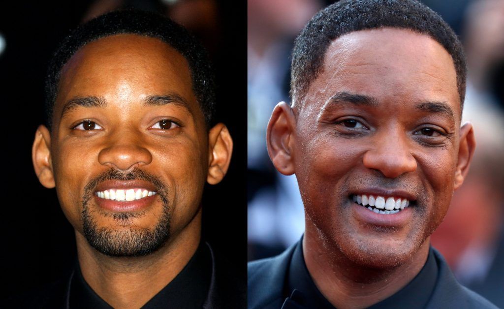 Will Smith in 2001, aged 32, and 2017, aged 48. (Photos by Anthony Harvey/Getty Images & Tristan Fewings/Getty Images)