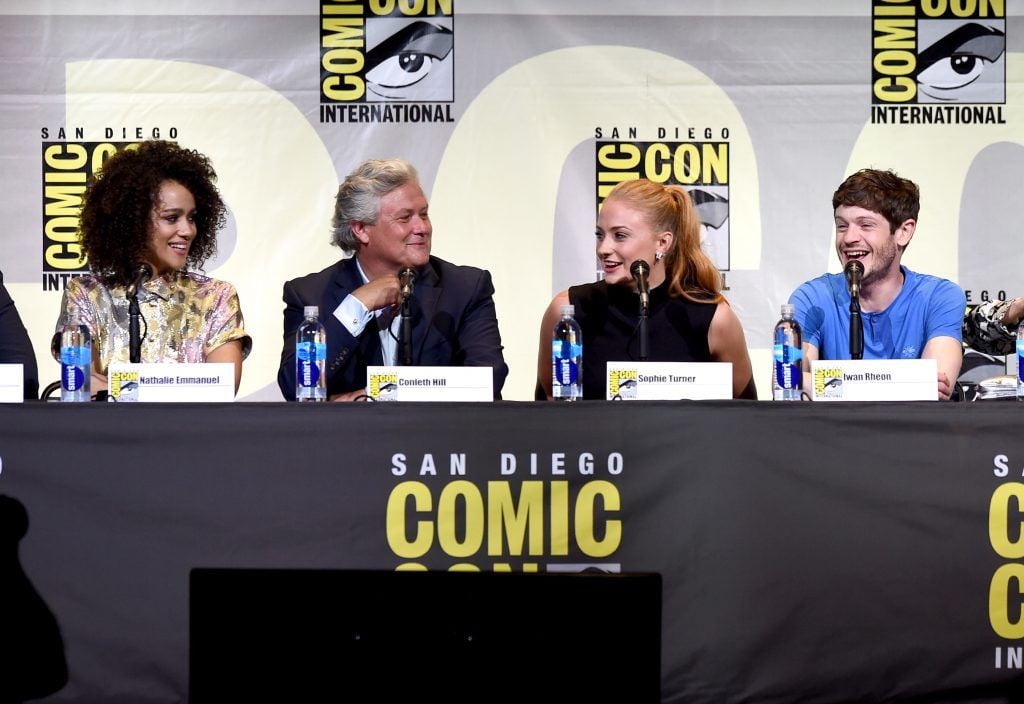 Nathalie Emmanuel, Conleth Hill, Sophie Turner, and Iwan Rheon attend the "Game Of Thrones" panel during Comic-Con International 2016 at San Diego Convention Center on July 22, 2016 in San Diego, California.  (Photo by Kevin Winter/Getty Images)