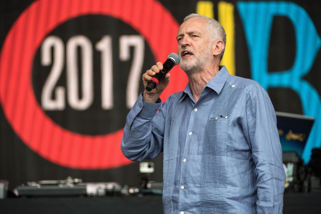 Jeremy Corbyn speaks on stage on day 3 of the Glastonbury Festival 2017 at Worthy Farm, Pilton on June 24, 2017 in Glastonbury, England.  (Photo by Ian Gavan/Getty Images)