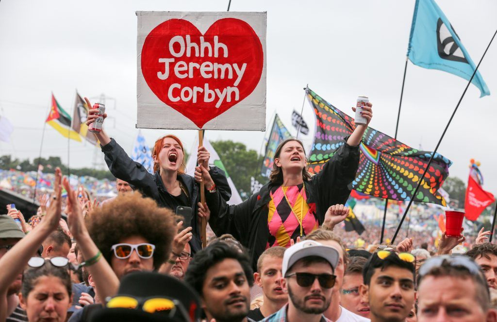 Crowds cheer Labour Party leader Jeremy Corbyn address the crowd from the main stage a the Glastonbury Festival site at Worthy Farm in Pilton on June 24, 2017 near Glastonbury, England. (Photo by Matt Cardy/Getty Images)
