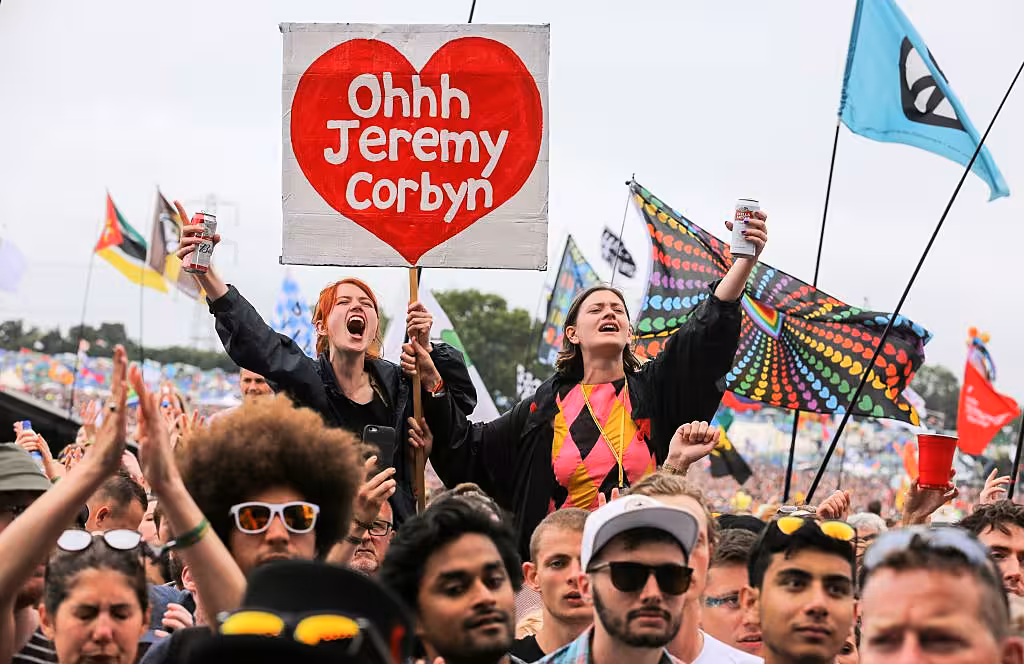 Crowds cheer Labour Party leader Jeremy Corbyn address the crowd from the main stage a the Glastonbury Festival site at Worthy Farm in Pilton on June 24, 2017 near Glastonbury, England. (Photo by Matt Cardy/Getty Images)