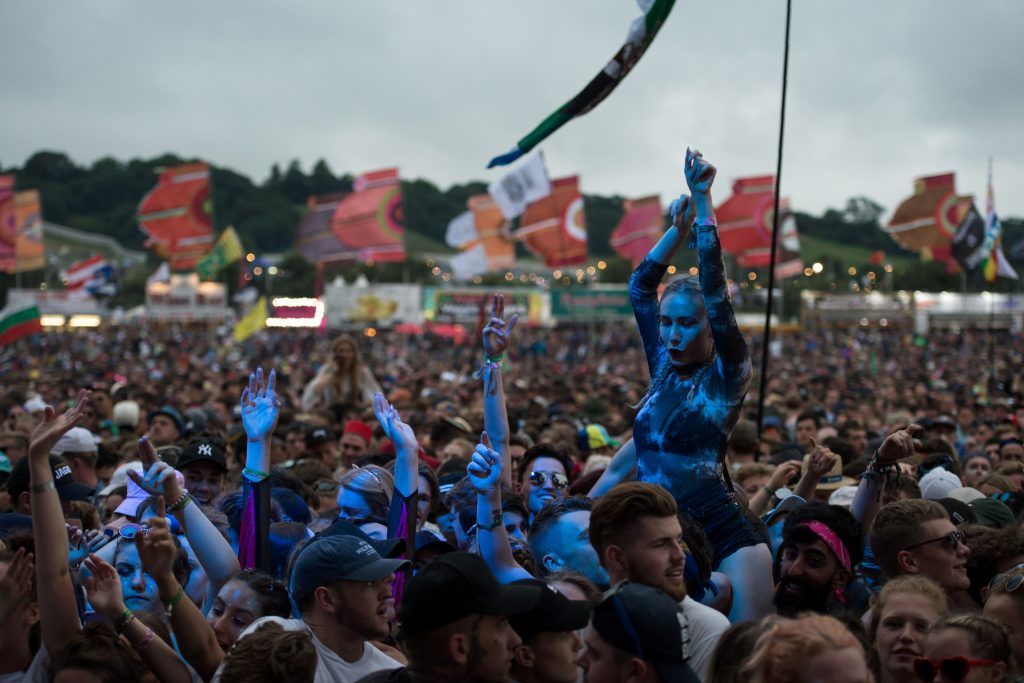 Fans listen as Michael Omari, known as 'Stormzy', performs on the Other Stage during the Glastonbury Festival of Music and Performing Arts on Worthy Farm near the village of Pilton in Somerset, southwest England, on June 24, 2017. (Photo by OLI SCARFF/AFP/Getty Images)