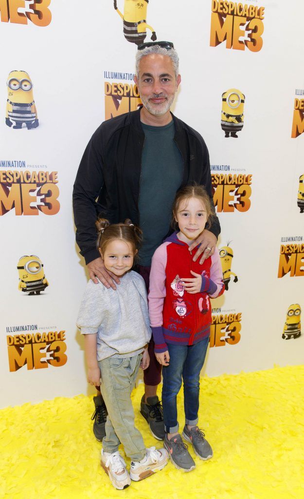 Baz Ashmawy with daughters Mahy (4) and Hanna (7) pictured at the Universal Pictures Irish premiere screening of Despicable Me 3 at the Savoy Cinema, Dublin. Despicable Me 3 is in cinema across Ireland on Friday, June 30th. Picture Andres Poveda