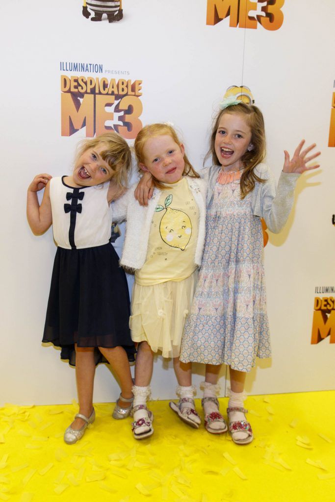 Olivia Ruberton (6) Lucy (5) and Abbie Donnelly (7) pictured at the Universal Pictures Irish premiere screening of Despicable Me 3 at the Savoy Cinema, Dublin. Despicable Me 3 is in cinema across Ireland on Friday, June 30th. Picture Andres Poveda