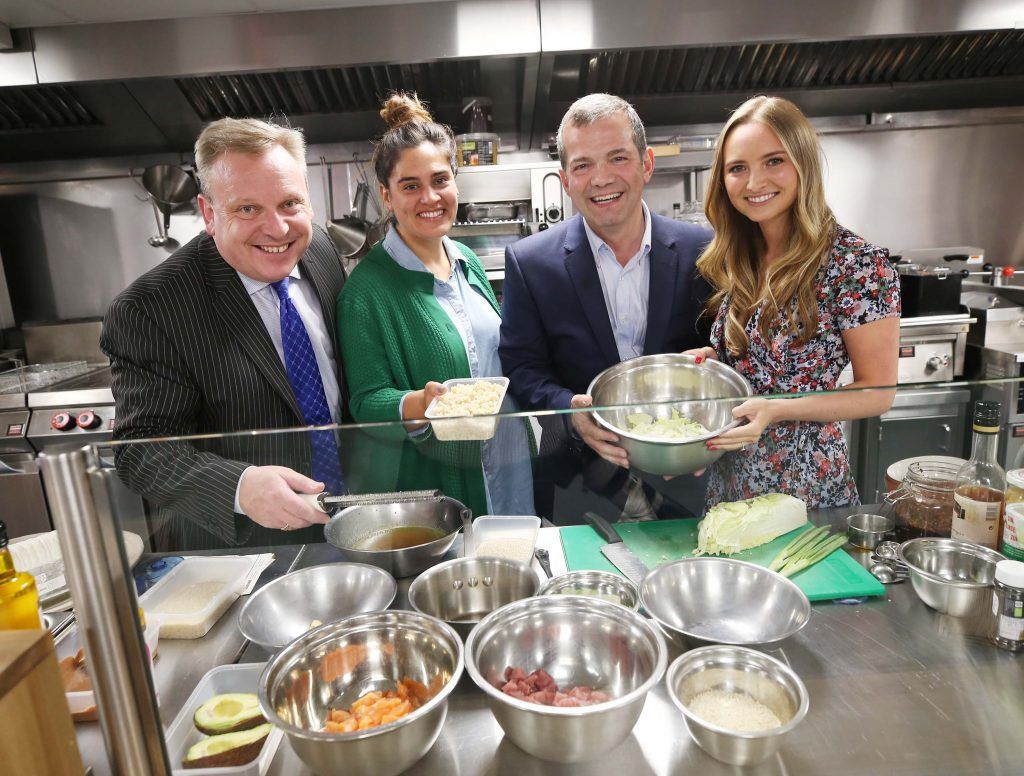 Noel Keeley. Managing Director, Musgrave Wholesale Partners (left) with Expert food stylist Jette Virdi, John Healy of TV3 show ‘The Restaurant’ and author and blogger Indy Power demo summer inspired dishes from her book, ‘The Little Green Spoon’, pictured in Musgrave MarketPlace Ballymun for the Musgrave MarketPlace 'Summer Food Stories' event. Pic by Robbie Reynolds