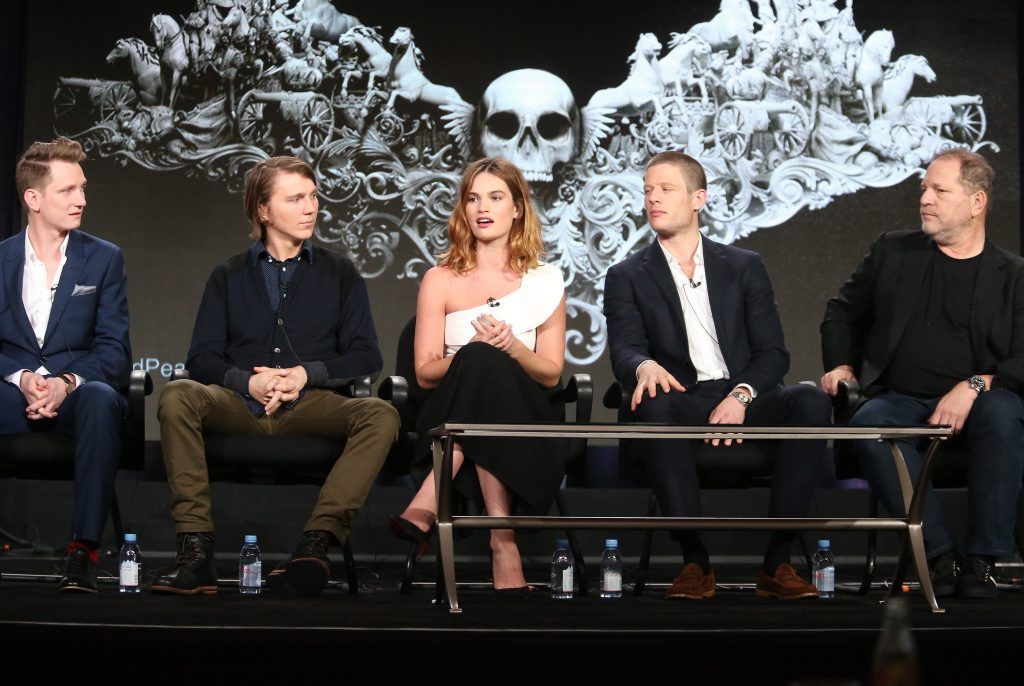Director Tom Harper and actors Paul Dano, Lily James and James Norton, and executive producer Harvey Weinstein speak onstage during War and Peace panel as part of the A+E Network portion of This is Cable 2016 Television Critics Association Press Tour at Langham Hotel on January 6, 2016 in Pasadena, California.  (Photo by Frederick M. Brown/Getty Images)