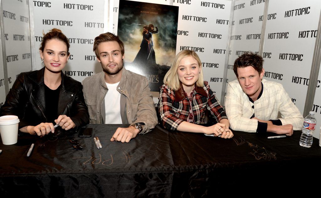 Actors Lily James, Douglas Booth, Bella Heathcote and Matt Smith appear at a meet and greet for Screen Gems' "Pride and Prejudice and Zombies" at Hot Topic on January 24, 2016 in Los Angeles, California.  (Photo by Kevin Winter/Getty Images)