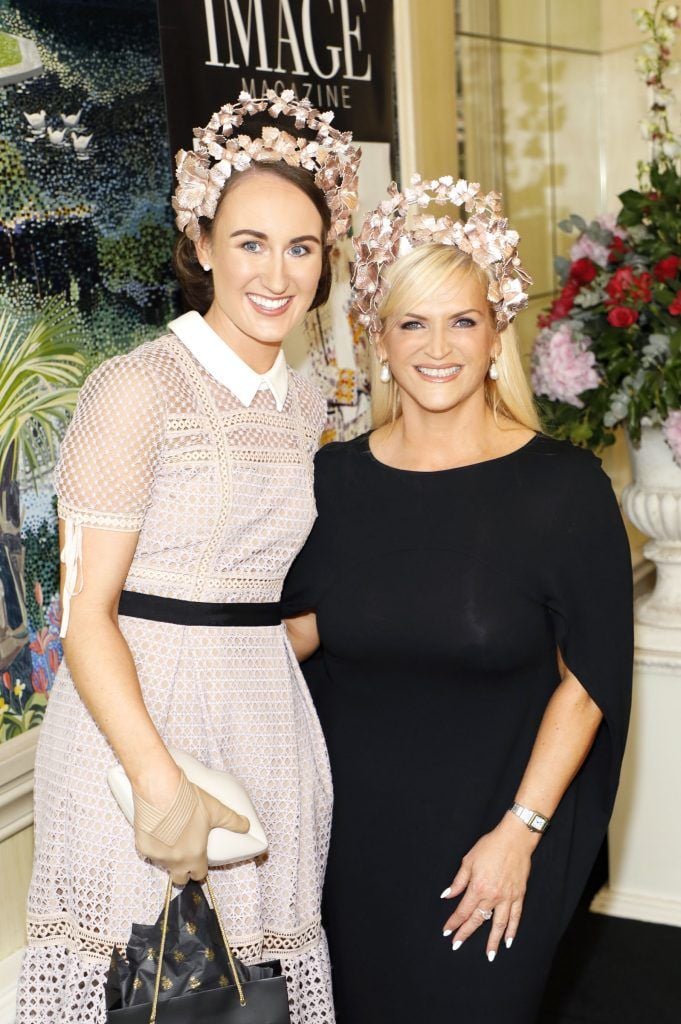Hannah Cross and Melanie Morris at the Most Stylish Lady at The Shelbourne Hotel in association with IMAGE Magazine-photo Kieran Harnett
