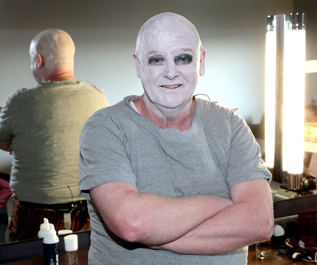 Les Dennis gets ready back stage for his role as Uncle Fester at the opening night of the musical The Addams Family at The Bord Gais Energy Theatre, Dublin. Picture by Brian McEvoy