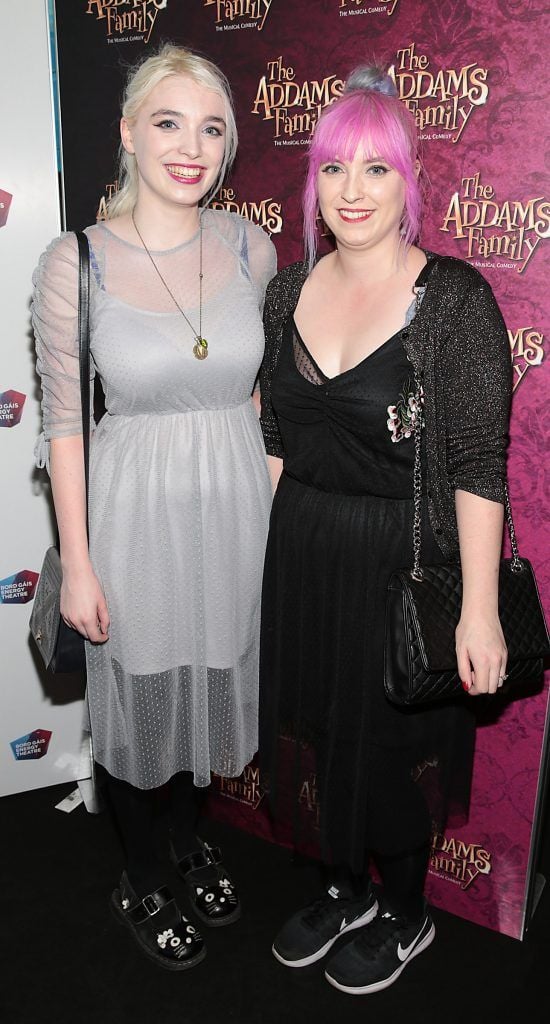 Sophie Beatrix Petticrew and Elisha Petticrew at the opening night of the musical The Addams Family at The Bord Gais Energy Theatre, Dublin. Picture by Brian McEvoy