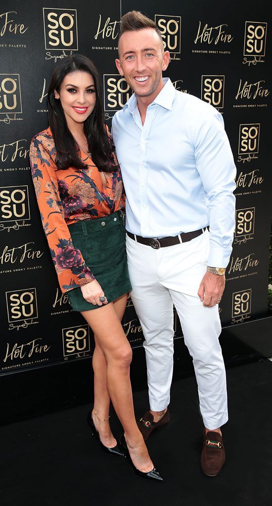 Suzanne Jackson and husband Dylan O Connor at the launch of Suzanne Jackson's 'Hot Fire' signature smoky eyeshadow palette at Fire Restaurant, The Mansion House, Dublin. Pic by Brian McEvoy