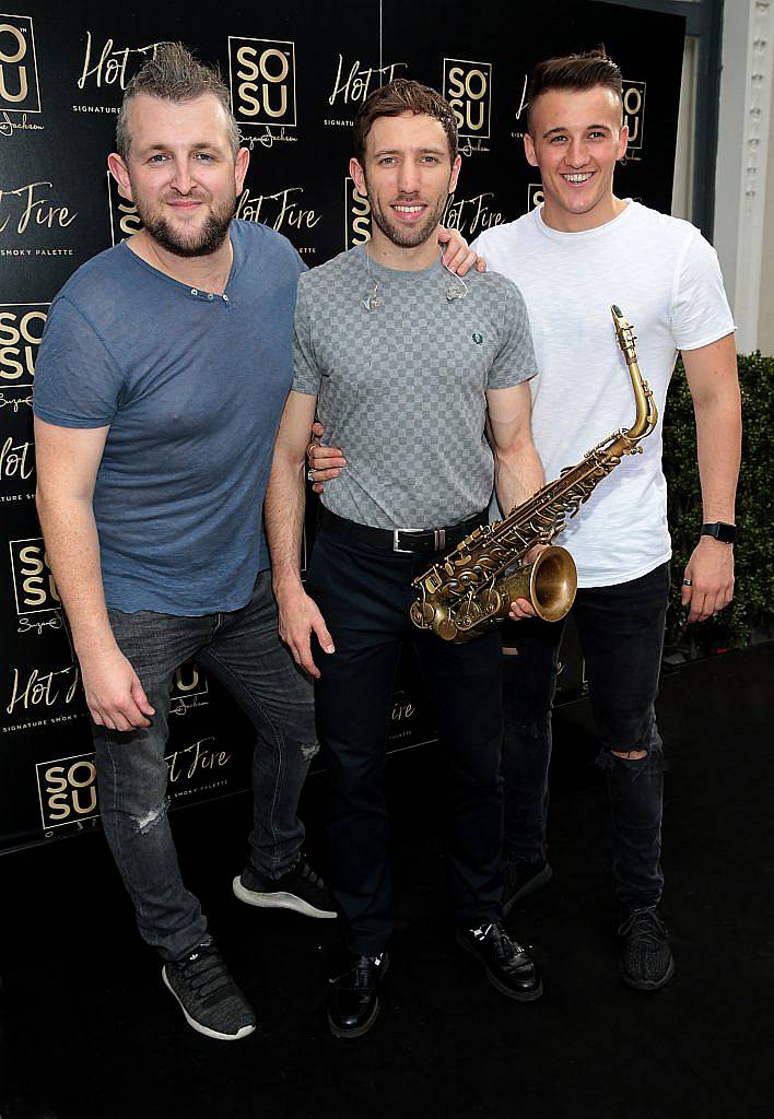 Steve O Reilly, Conor McGrath and Aran Johnson of Riff Shop at the launch of Suzanne Jackson's 'Hot Fire' signature smoky eyeshadow palette at Fire Restaurant, The Mansion House, Dublin. Pic by Brian McEvoy